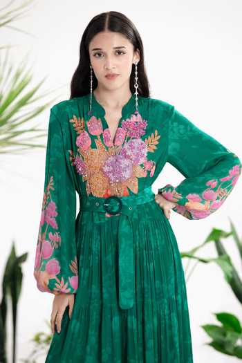 Siddhartha Bansal_Green Crepe Mandarin Collar Stereo Love Tier Dress _Online_at_Aza_Fashions