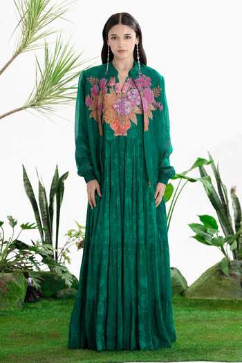Buy_Siddhartha Bansal_Green Crepe Mandarin Collar Stereo Love Tier Dress _Online_at_Aza_Fashions