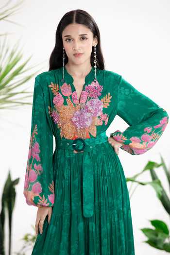 Siddhartha Bansal_Green Organza Mandarin Collar Floral Pattern Jacket _Online_at_Aza_Fashions