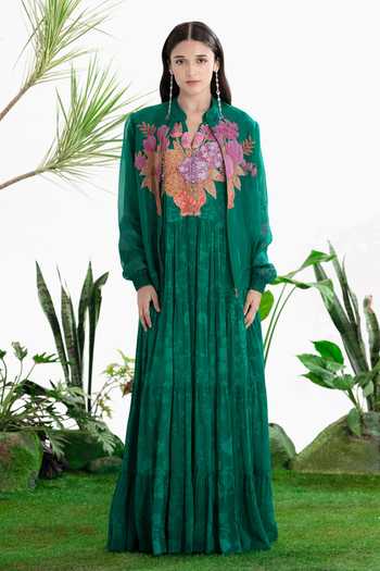 Buy_Siddhartha Bansal_Green Organza Mandarin Collar Floral Pattern Jacket _Online_at_Aza_Fashions