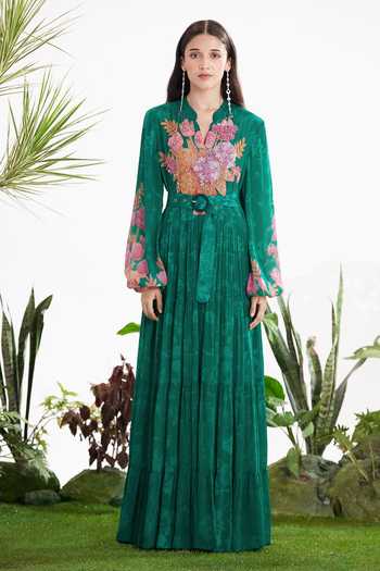 Shop_Siddhartha Bansal_Green Organza Mandarin Collar Floral Pattern Jacket _Online_at_Aza_Fashions