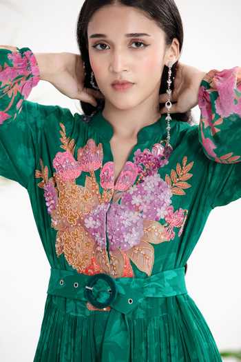 Siddhartha Bansal_Green Organza Mandarin Collar Floral Pattern Jacket _at_Aza_Fashions