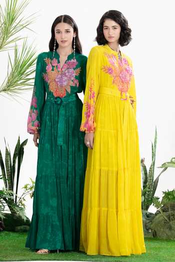 Buy_Siddhartha Bansal_Yellow Crepe Mandarin Collar Eternal Love Tier Dress _Online_at_Aza_Fashions
