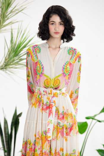 Buy_Siddhartha Bansal_Multi Color Crepe Split V-neck Endless Love Tier Dress _Online_at_Aza_Fashions
