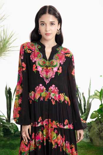 Siddhartha Bansal_Black Crepe Split V-neck Fun Nights Tier Dress _Online_at_Aza_Fashions