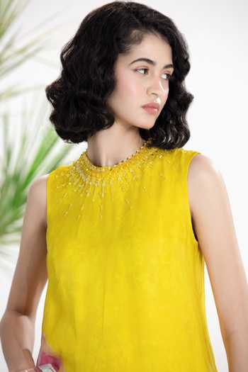 Siddhartha Bansal_Yellow Organza, Crepe High Neck Walking On Sunshine Dress _Online_at_Aza_Fashions
