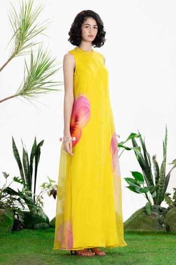 Buy_Siddhartha Bansal_Yellow Organza, Crepe High Neck Walking On Sunshine Dress _Online_at_Aza_Fashions
