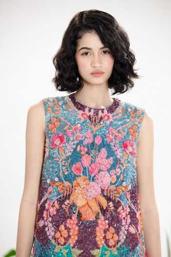 Siddhartha Bansal_Multi Color Cotton, Crepe Round Neck Midnight In Paris Shift Dress _at_Aza_Fashions