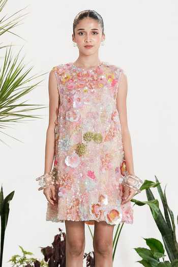 Siddhartha Bansal_Pink Crepe Round Neck Ariel Dream Embroidered Dress  _Online_at_Aza_Fashions
