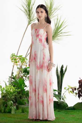 Buy_Siddhartha Bansal_Off White Chiffon Square Neck Stand By Me Dress _Online_at_Aza_Fashions