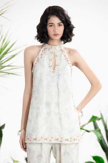 Siddhartha Bansal_Off White Cotton, Linen Keyhole , Halter Kiss From A Rose Top With Pant _Online_at_Aza_Fashions