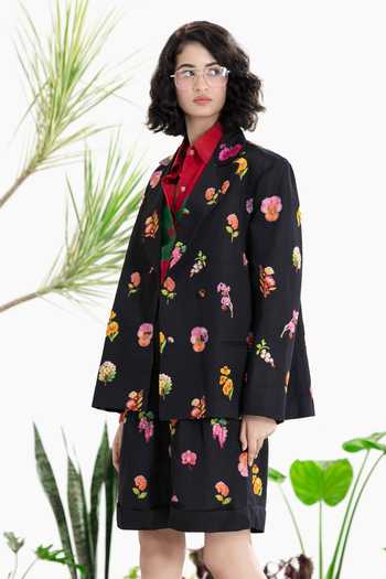 Buy_Siddhartha Bansal_Black Satin, Linen Collared Thrill Seeker Blazer Shorts Set _Online_at_Aza_Fashions