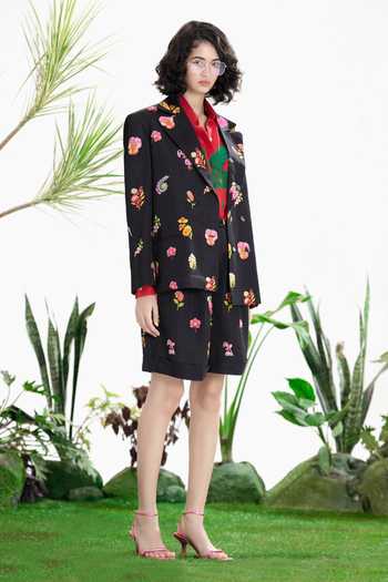 Shop_Siddhartha Bansal_Black Satin, Linen Collared Thrill Seeker Blazer Shorts Set _Online_at_Aza_Fashions