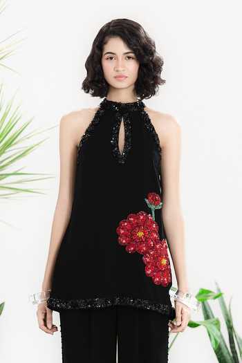 Siddhartha Bansal_Black Cotton, Crepe, Voile Halter , Keyhole Take On Me Top And Pant Set _Online_at_Aza_Fashions