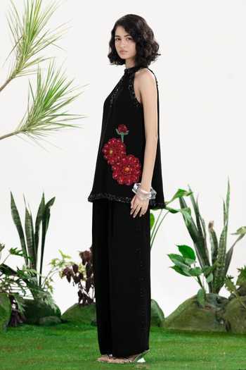 Shop_Siddhartha Bansal_Black Cotton, Crepe, Voile Halter , Keyhole Take On Me Top And Pant Set _Online_at_Aza_Fashions