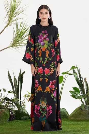 Shop_Siddhartha Bansal_Black Satin Round Neck Night Fever Kaftan _Online_at_Aza_Fashions