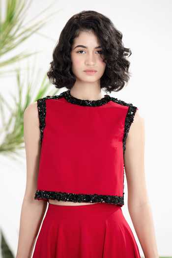 Siddhartha Bansal_Red Crepe High Neck Vision Of Love Top And Skirt Set _Online_at_Aza_Fashions