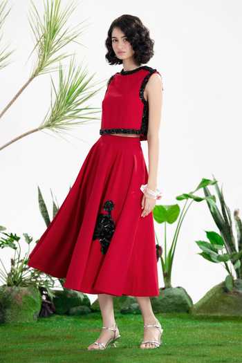 Shop_Siddhartha Bansal_Red Crepe High Neck Vision Of Love Top And Skirt Set _Online_at_Aza_Fashions