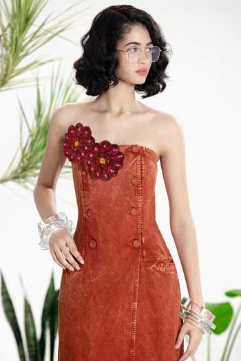 Siddhartha Bansal_Brown Denim, Twill Bandeau Neck Tainted Love Coat Dress _Online_at_Aza_Fashions