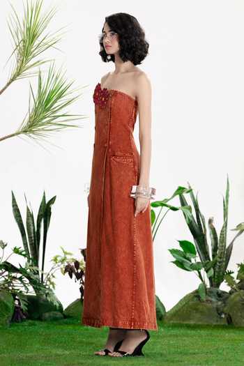 Buy_Siddhartha Bansal_Brown Denim, Twill Bandeau Neck Tainted Love Coat Dress _Online_at_Aza_Fashions