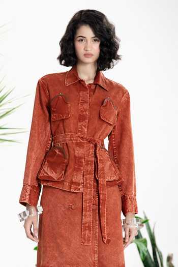 Siddhartha Bansal_Brown Denim, Twill Collared Moulin Rouge Jacket And Skirt Set _Online_at_Aza_Fashions