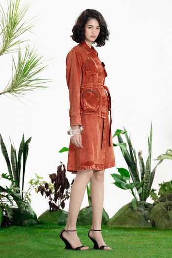 Buy_Siddhartha Bansal_Brown Denim, Twill Collared Moulin Rouge Jacket And Skirt Set _Online_at_Aza_Fashions