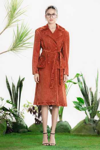 Siddhartha Bansal_Brown Denim, Twill Rebel Long Coat _at_Aza_Fashions