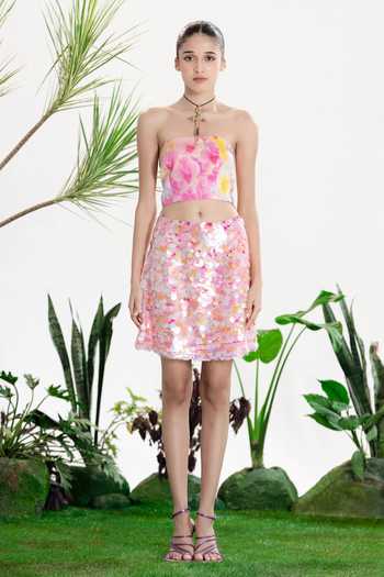 Buy_Siddhartha Bansal_Multi Color Crepe, Organza Bandeau Neck Fun Girl Top Skirt Set 