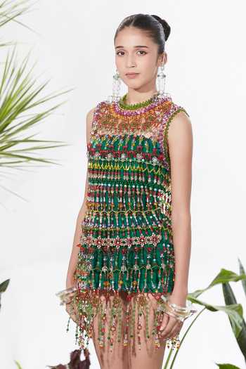 Siddhartha Bansal_Multi Color Velvet High Neck Thunderstruck Bead Dress _Online_at_Aza_Fashions