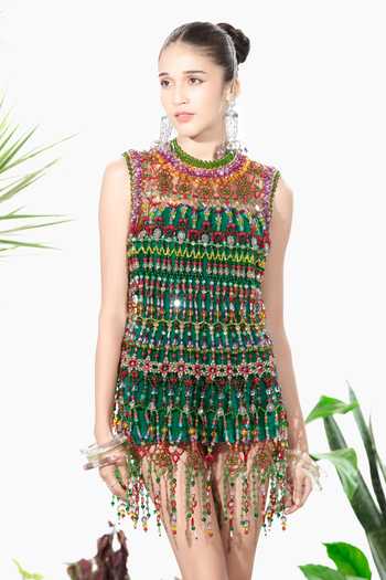 Shop_Siddhartha Bansal_Multi Color Velvet High Neck Thunderstruck Bead Dress _Online_at_Aza_Fashions