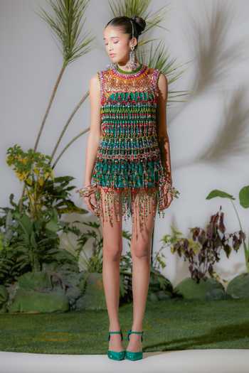 Siddhartha Bansal_Multi Color Velvet High Neck Thunderstruck Bead Dress _at_Aza_Fashions