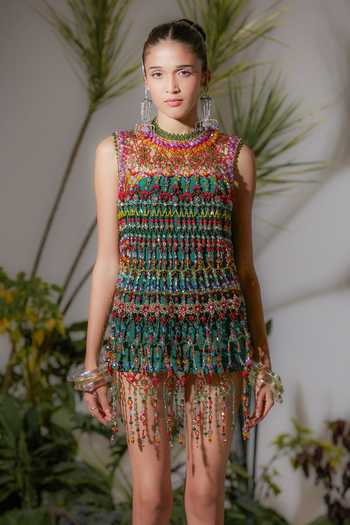 Buy_Siddhartha Bansal_Multi Color Velvet High Neck Thunderstruck Bead Dress 
