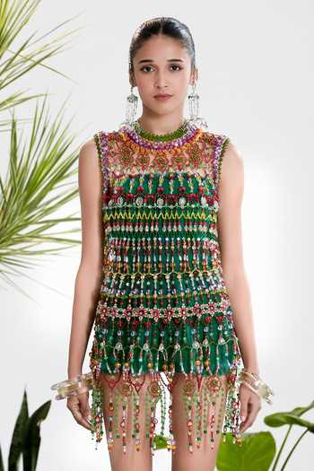 Shop_Siddhartha Bansal_Multi Color Velvet High Neck Thunderstruck Bead Dress 