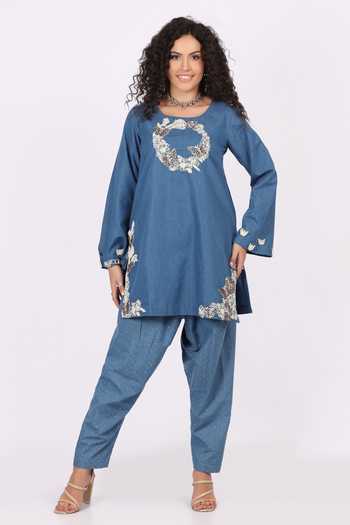Soniya G_Blue Denim Round Neck Embroidered Kurta And Salwar Set _Online_at_Aza_Fashions