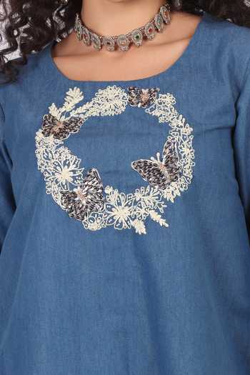 Buy_Soniya G_Blue Denim Round Neck Embroidered Kurta And Salwar Set _Online_at_Aza_Fashions