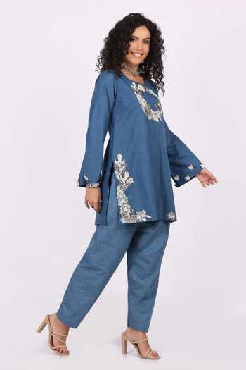Shop_Soniya G_Blue Denim Round Neck Embroidered Kurta And Salwar Set _Online_at_Aza_Fashions