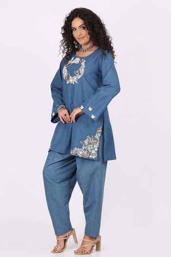 Soniya G_Blue Denim Round Neck Embroidered Kurta And Salwar Set _at_Aza_Fashions