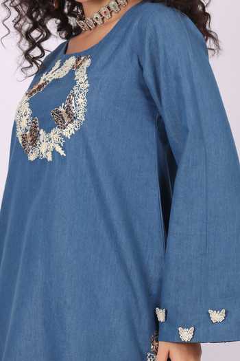 Buy_Soniya G_Blue Denim Round Neck Embroidered Kurta And Salwar Set 