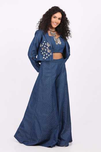 Soniya G_Blue Denim Sequins Open , Bandeau Butterfly Applique Jacket Palazzo Set _Online_at_Aza_Fashions
