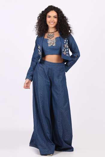 Soniya G Denim Butterfly Applique Jacket Palazzo Set 