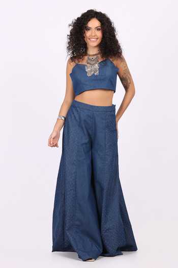 Buy_Soniya G_Blue Denim Sequins Open , Bandeau Butterfly Applique Jacket Palazzo Set _Online_at_Aza_Fashions