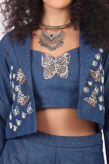 Shop_Soniya G_Blue Denim Sequins Open , Bandeau Butterfly Applique Jacket Palazzo Set _Online_at_Aza_Fashions