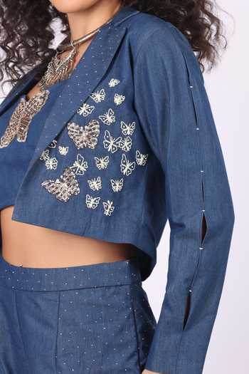 Soniya G_Blue Denim Sequins Open , Bandeau Butterfly Applique Jacket Palazzo Set _at_Aza_Fashions