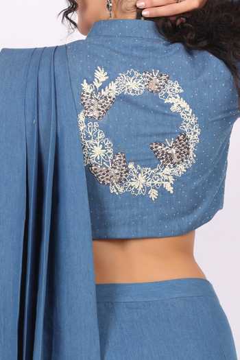 Buy_Soniya G_Blue Denim Mandarin Collar Contemporary Pre-draped Saree And Blouse Set _Online_at_Aza_Fashions