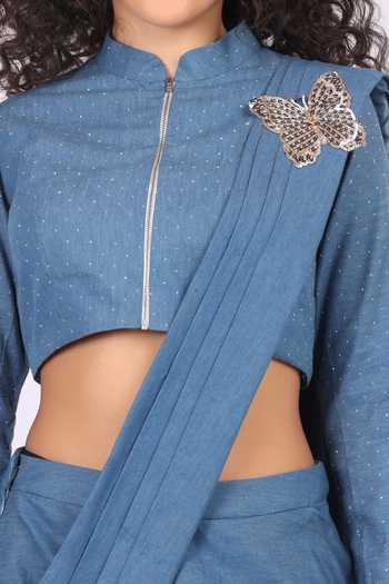 Shop_Soniya G_Blue Denim Mandarin Collar Contemporary Pre-draped Saree And Blouse Set _Online_at_Aza_Fashions