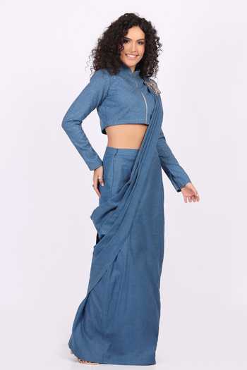 Soniya G_Blue Denim Mandarin Collar Contemporary Pre-draped Saree And Blouse Set _at_Aza_Fashions