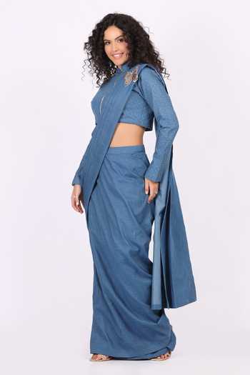 Buy_Soniya G_Blue Denim Mandarin Collar Contemporary Pre-draped Saree And Blouse Set 