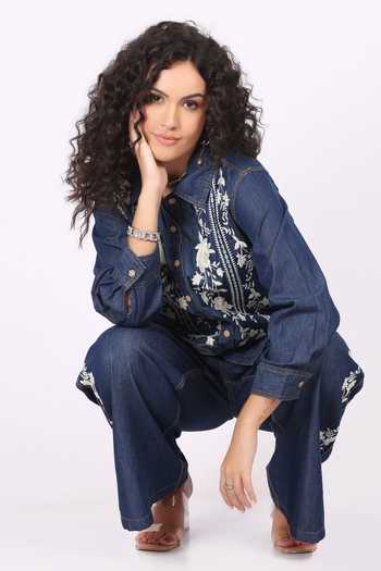 Soniya G_Blue Denim Embroidery Collared Shirt And Palazzo Set _Online_at_Aza_Fashions