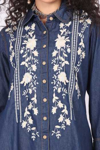 Shop_Soniya G_Blue Denim Embroidery Collared Shirt And Palazzo Set _Online_at_Aza_Fashions