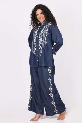 Soniya G_Blue Denim Embroidery Collared Shirt And Palazzo Set _at_Aza_Fashions